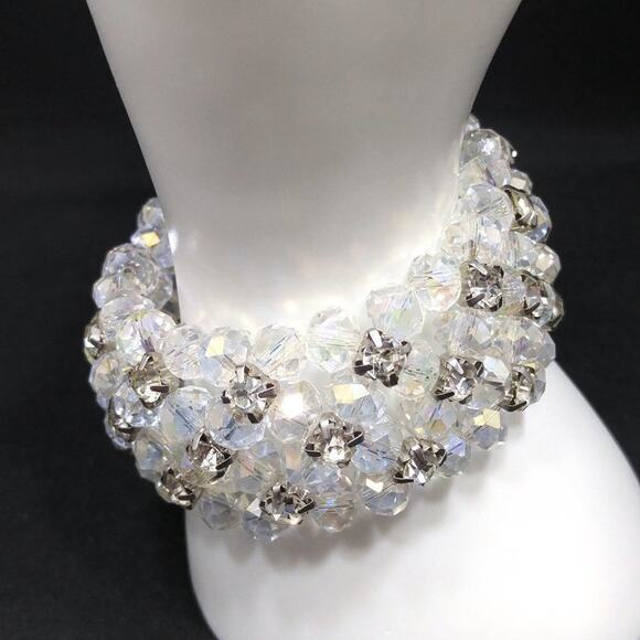 Clear Crystal & Rhinestone Beaded Stretch Wide Bracelet, 7 Inches - Picture 5 of 9
